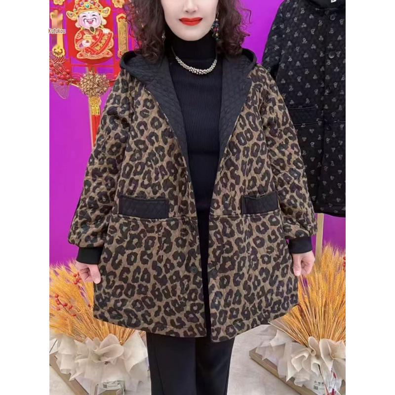 Trench Cappuccio Lunghezza Media Stampa Leopardo: Elegante da Donna Autunno/Inverno 2025 Vestibilità Larga