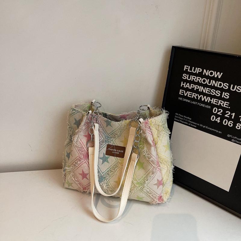 Borsa Tote in Denim a Quadri con Frange Vintage per Donna Grande Capacità Design a Stella Borsa a Spalla Borsa a Mano Casual