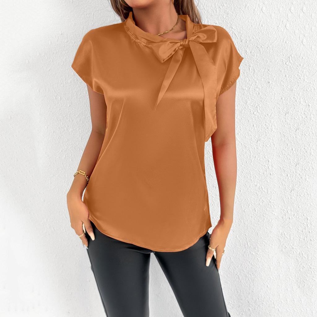 Women's Summer Fashion Simulation Silk T-Shirt Solid Color Satin Sleeveless Top