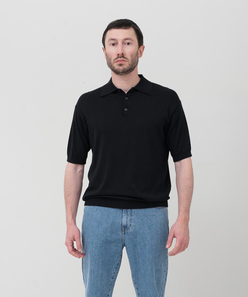 MANNERGRAM Nouvelle Fine Cashmere Cotton Polo Short Sleeve Knit Black