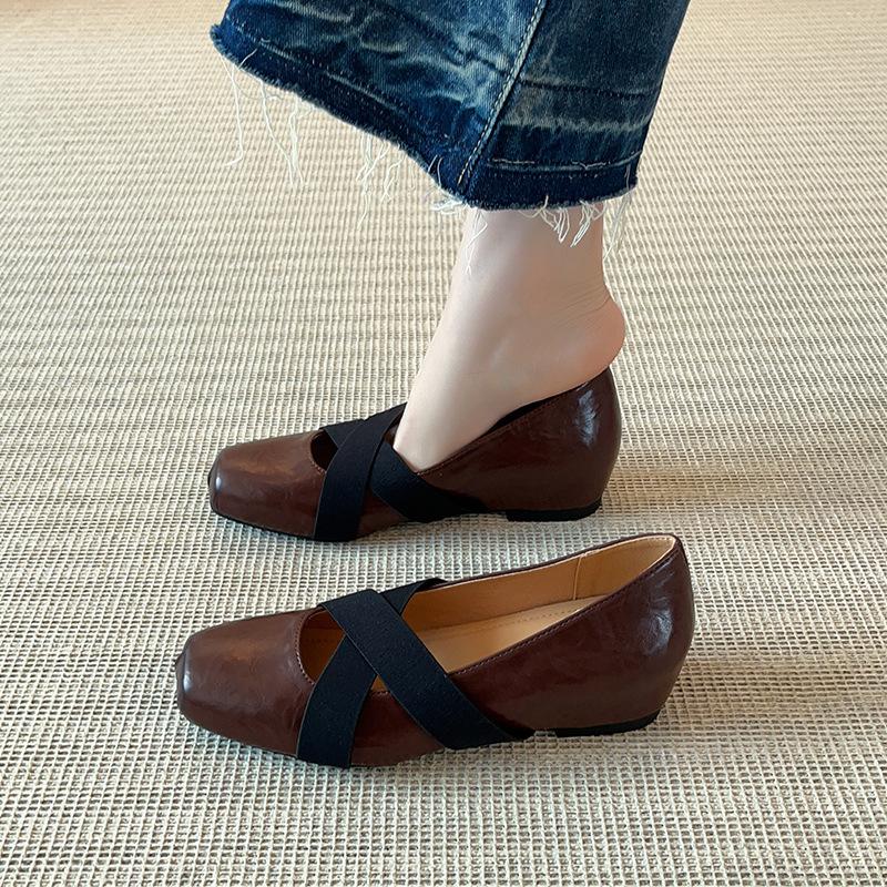 Sheepskin Version~ Cross-strap One-pedal Pig Nose Ballet Shoes Women's Retro Square Head Shallow Mouth Flat Bottom Mary Jane Single Shoes