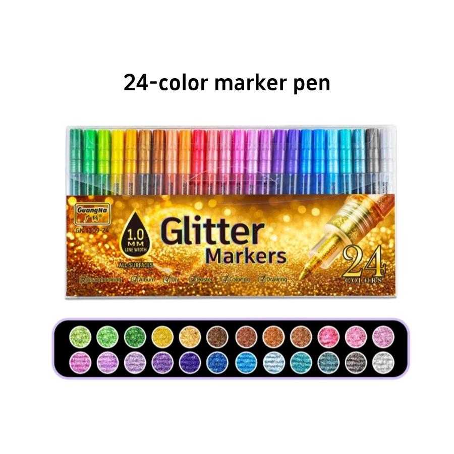 

24 Colors Glitter Marker Pens 1.0mm Glitter Soft Tip Markers Multi-Colors for Scrapbooking Album DIY Coloring Drawing