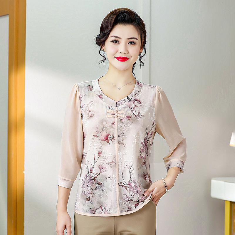 

2026 Summer Mid-Sleeve T-Shirt: National Style for Moms in Their 40s-50s 5XL (for 140-150 jin)