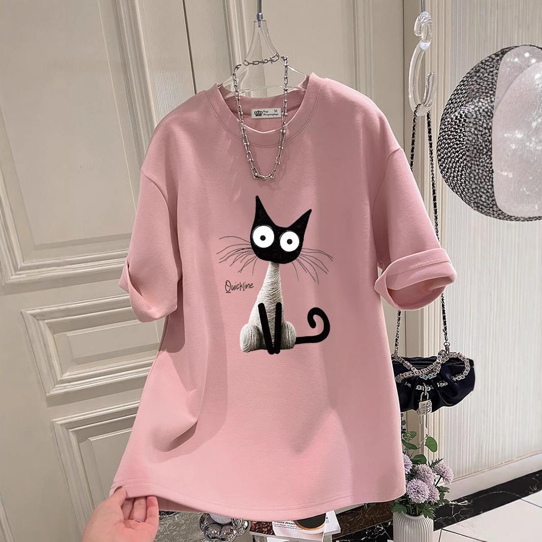 

Новая летняя ретро-кошка, модная большая версия, свободная белая футболка с короткими рукавами для женщин, средняя длина, ягодицы L