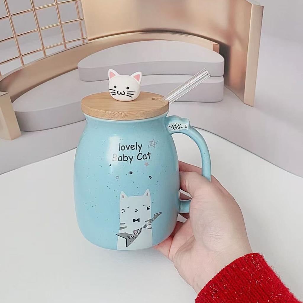 Niedliche Cartoon Katze Keramiktasse mit Deckel Löffel Große Kapazität Becher Haushalt Kaffeetasse Frühstück Milch Wasser