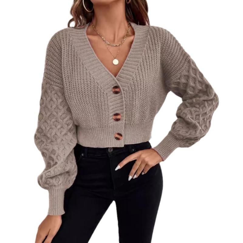 V Neck Single Breasted Drop Shoulder Solid Knit Cardigan