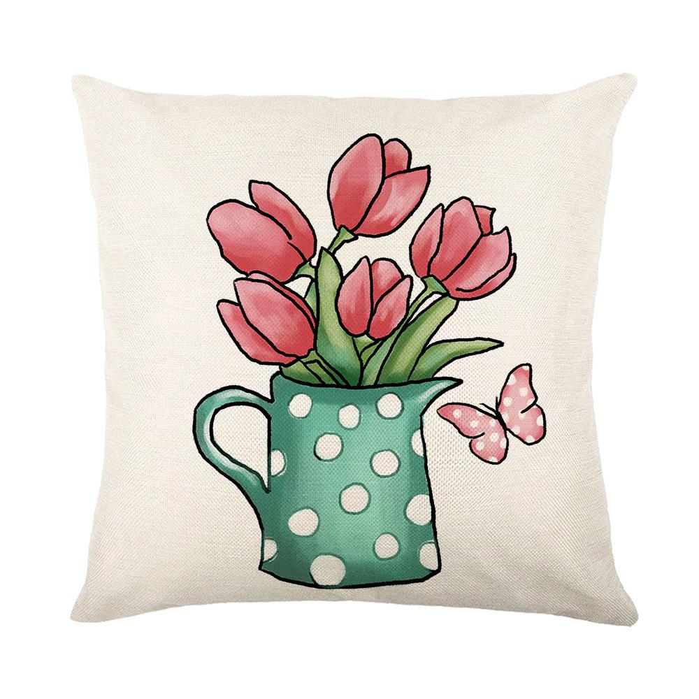 Pink Plaid Printed Pillow Cover Spring Plant Flowers Polyester Letters Home Bedroom Cushion