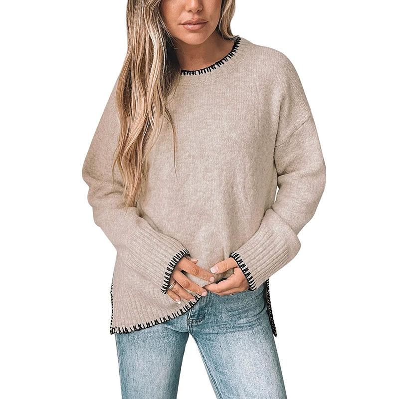 European, American Autumn and Winter Round Neck Casual Contrasting Color Knitted Sweater Front Short Rear Long Split Pullover