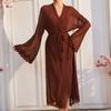 Elegante Dames V-hals Lange Mouwen Doorzichtig Mesh Nachthemd Kant Zoom Strik Taille Casual Huis Loungewear Badjas