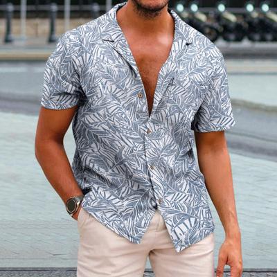 Men Summer Lapel Short Sleeve Shirt Top Leaves Print Single-Breasted Thin Hawaiian Beach Casual Shirt Streetwear