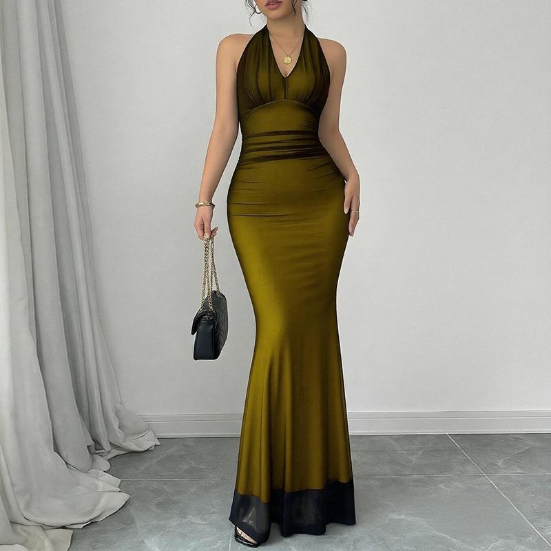 Spring new, fashionable, elegant and sexy v-neck splicing hip-wrapped dress S
