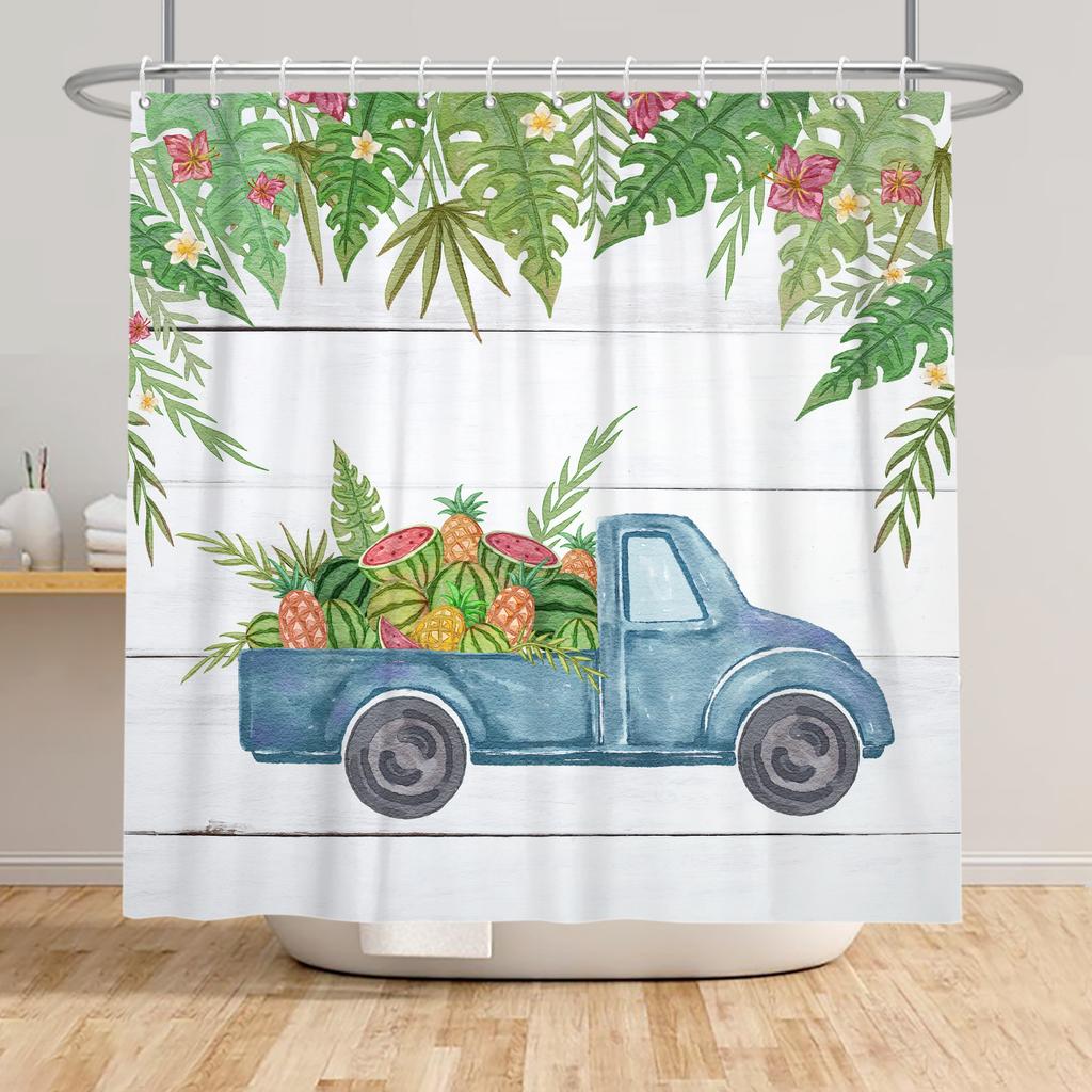 Summer Watermelon Truck Shower Curtain Tropical Palm Leaves Home Kitchen Bath Partition Waterproof Hanging Curtain With Hooks