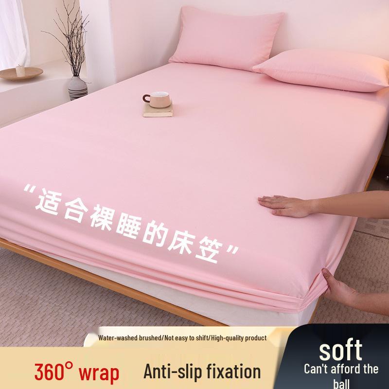 High-Quality Washed Cotton Solid Color Fitted Sheet with Pillowcase, Bedspread, and Dustproof Bed Cover