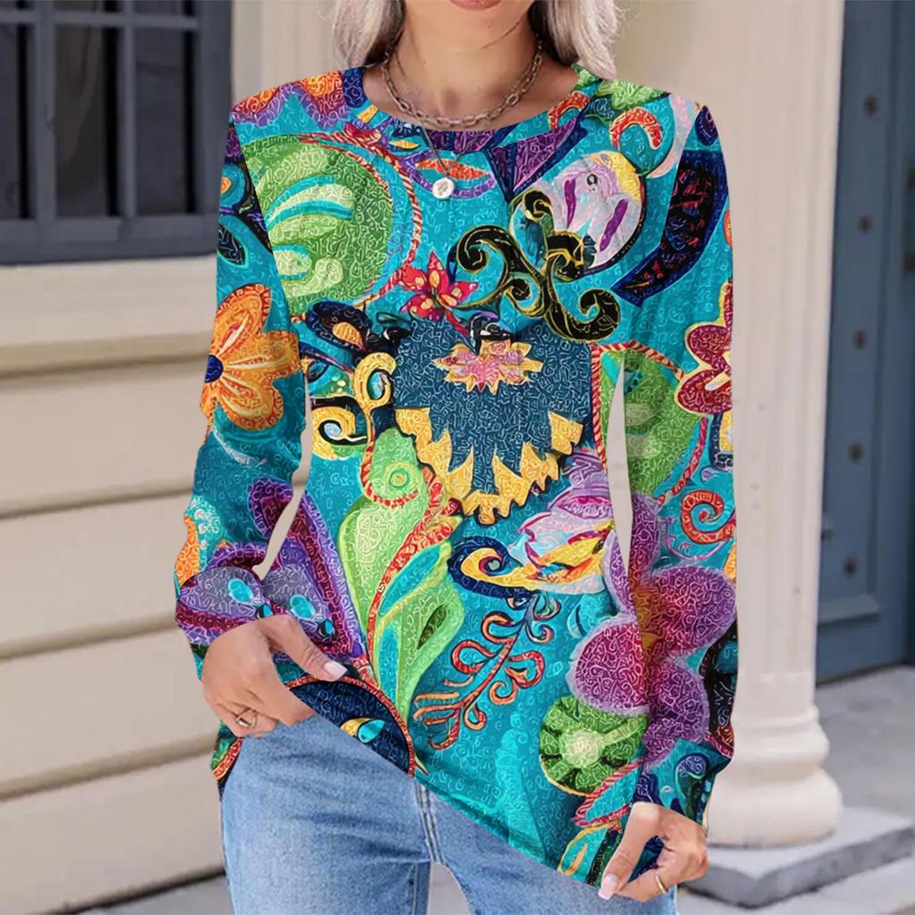Women's Fashionable Casual Floral Retro Print Pleated Comfortable Round Neck Loose Long Sleeve T-shirt Top