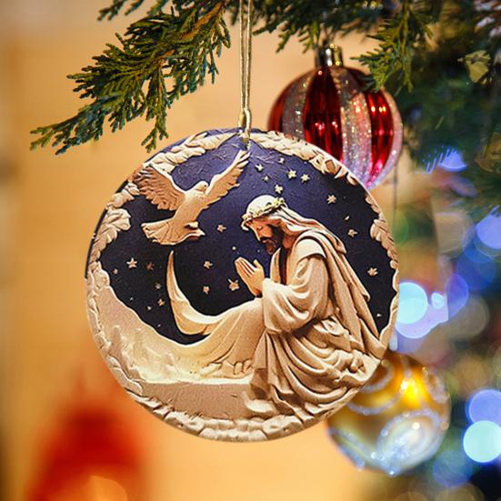 12 Pcs Nativity Scene Ornament Round Wooden Birth of Jesus Christian Keepsake Religious Hanging Pendant for Christmas Home Car Decor