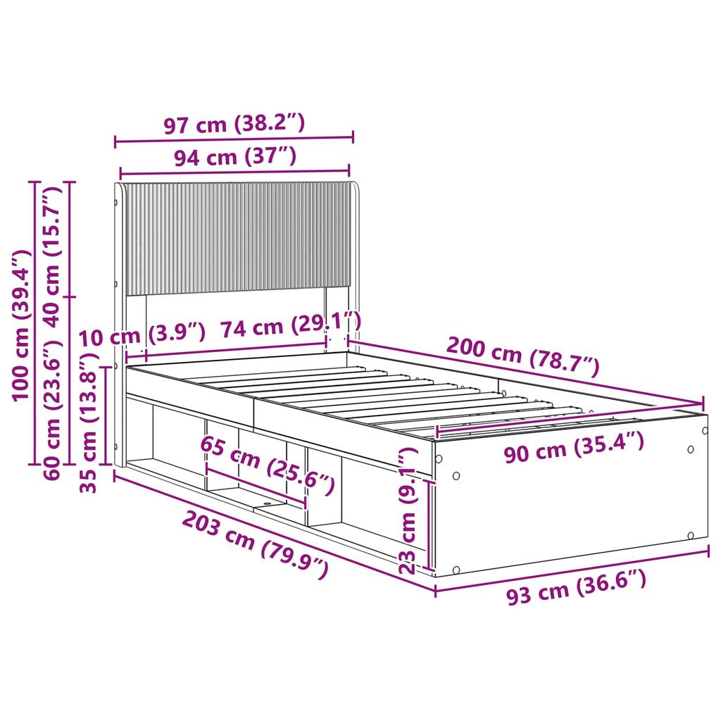 Bed Frame with Storage Space and Headboard Black 90 X 200 Cm