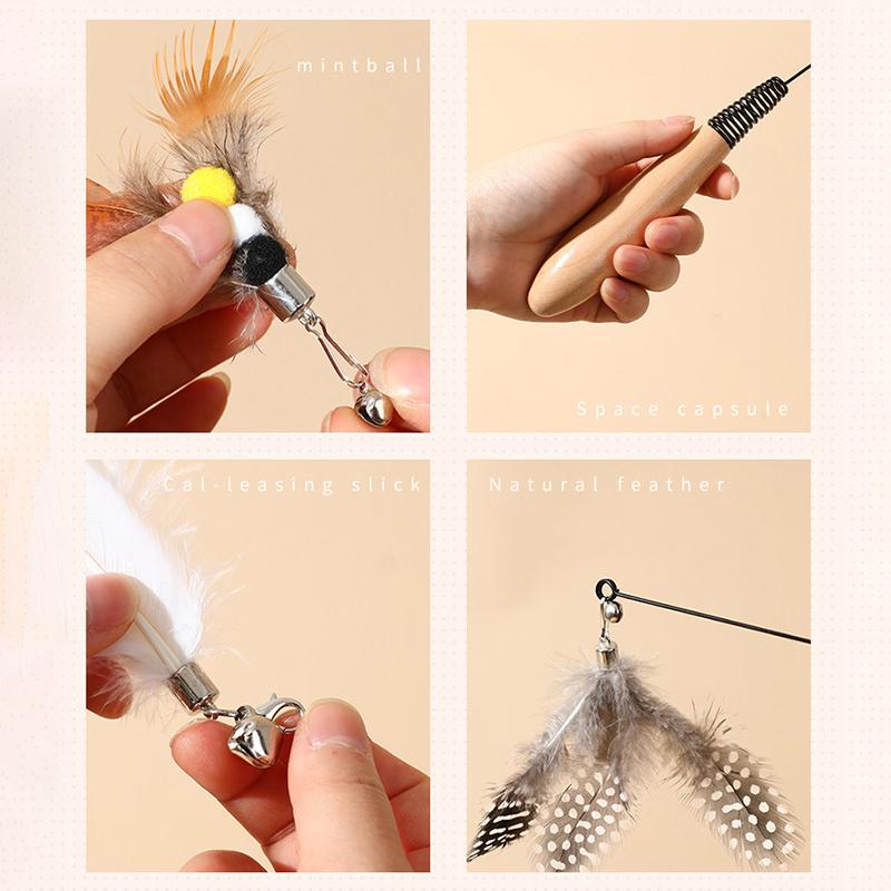 Colorful Insects Cat Teaser Stick with Bell Wooden Handle Replacement Head Indoor Interactive Kitten Spring Toy Cosas Para Gatos