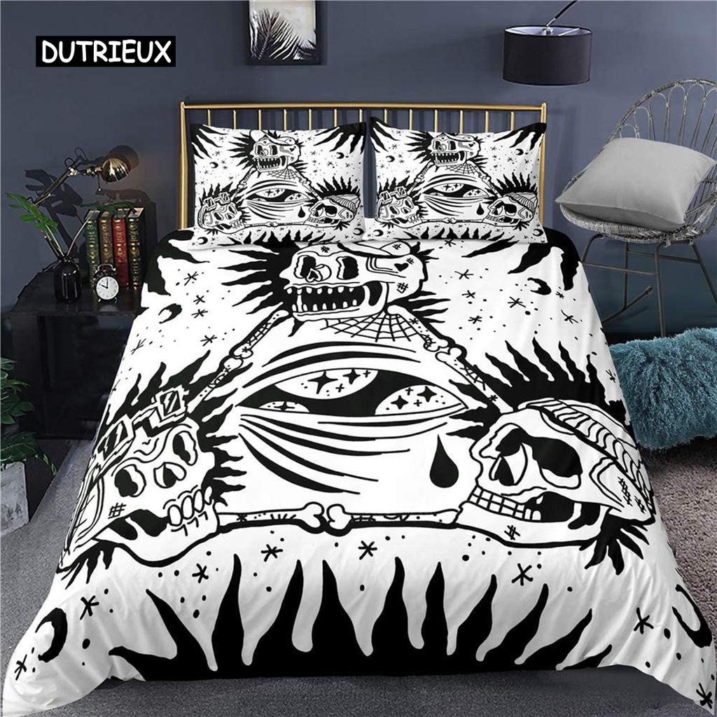 Skull Bedding Duvet Cover Set, White and Black Boho Gothic Skull Skeleton Bones Theme Bed Comforter Cover for Adults Decor
