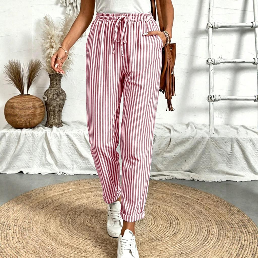 Women's Striped Drawstring Elastic Waist Casual Pants with Pockets Loose Fit