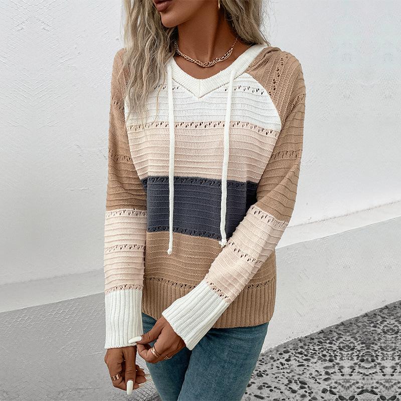 Autumn Women's Knit Blouse Sweatshirt Loose Cozy Casual Hooded Colorblocked Pullover Knit Sweatshirt