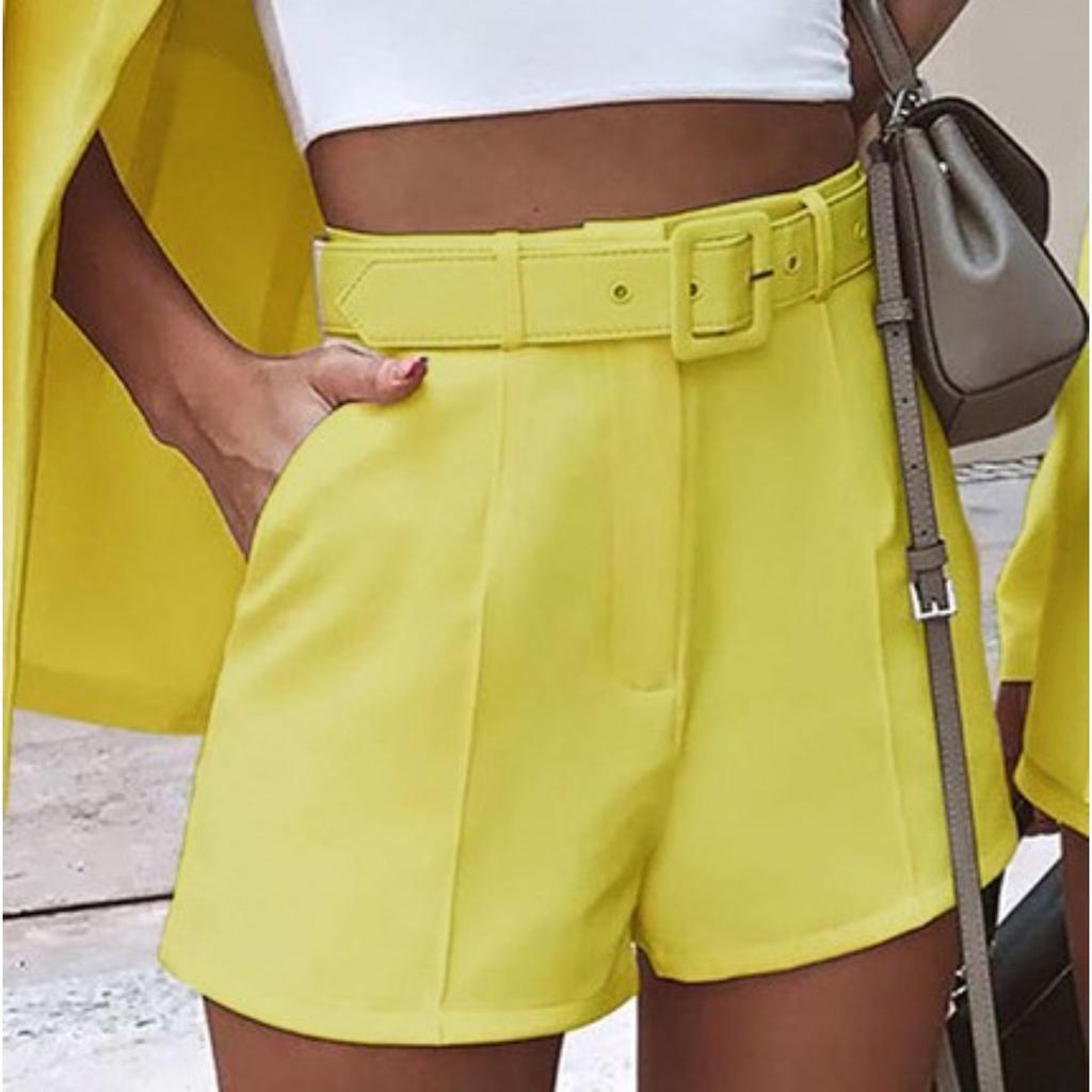 Women's Slim Fit Two Piece Suit Lapel Long Sleeve Blazer High Waist Belted Short Co-ord Outfit Set