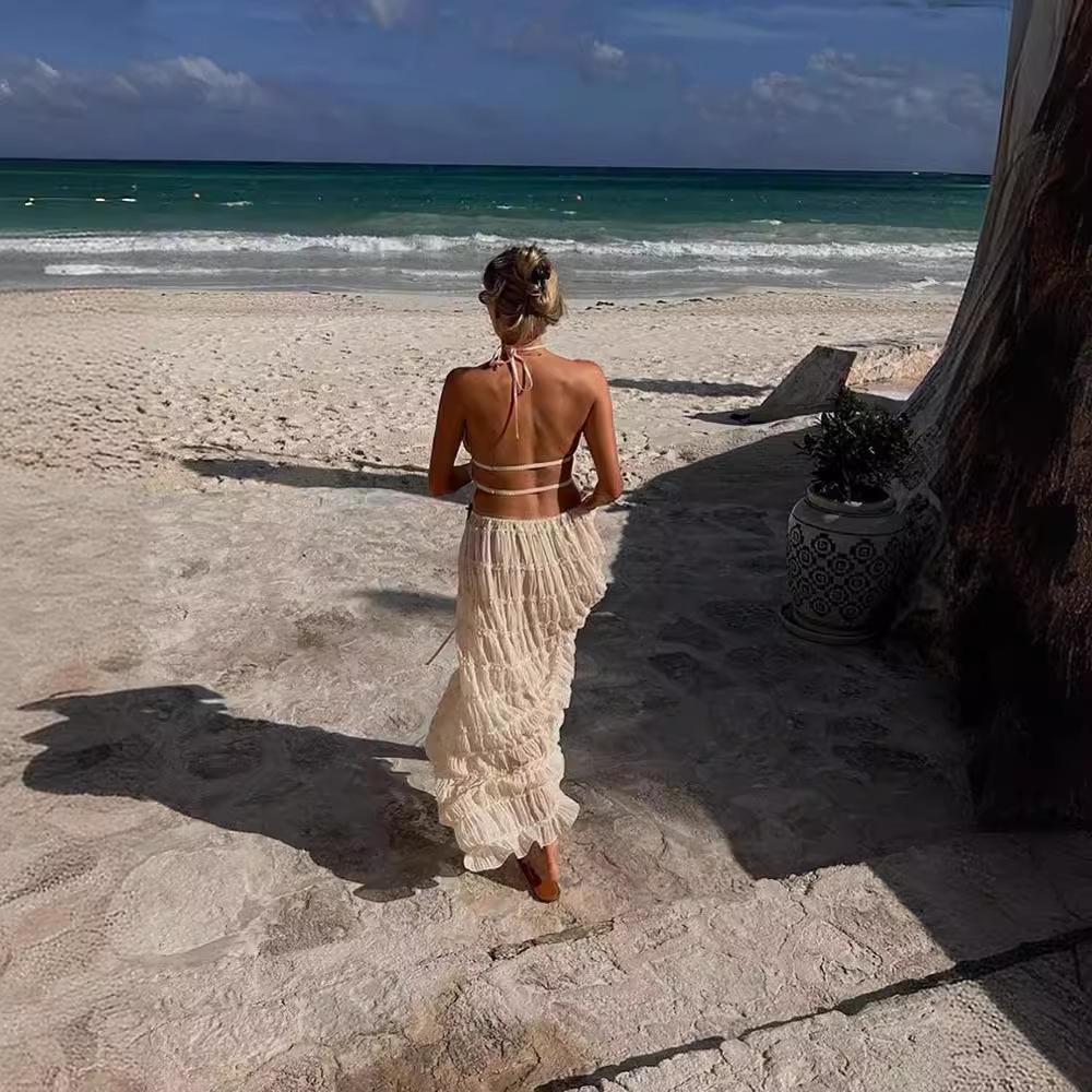 2024 Spring/Summer European & American Fashion Backless Halter Lace Ruffle Maxi Dress Set