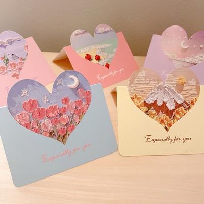 10Pcs New Heart-shaped Greeting Cards Blank Foldable 3D Oil Painting Cards Handwritten Message Cards Various Festivals Gift Card