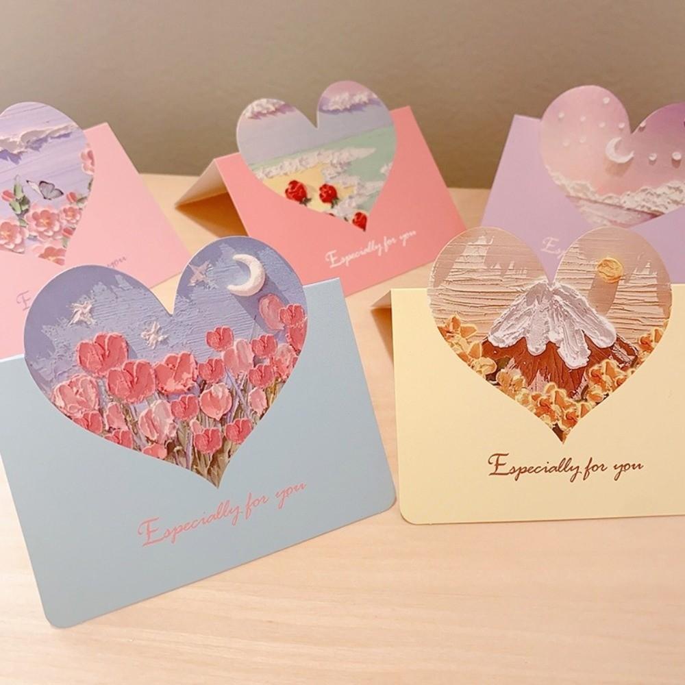 10Pcs Heart-shaped Greeting Cards Blank Handwritten 3D Oil Painting Cards Foldable Gift Card Various Festivals Gift Card