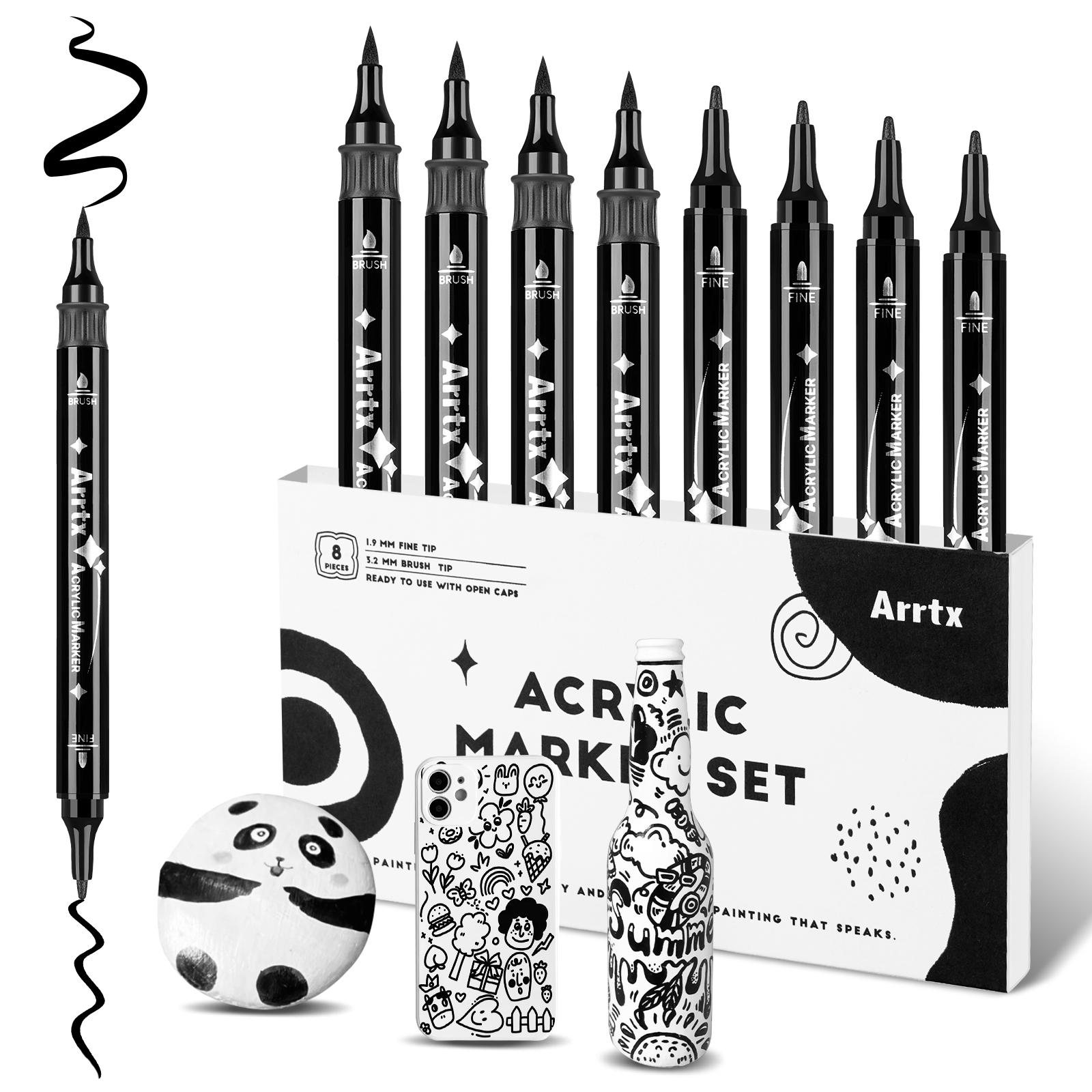 Arrtx Zwarte Acryl Verf Pennen 8 Stuks Brush en Fijne Punt Verf Markers voor Rots Schilderen Tekenen, Hout, Graffiti, Canvas black