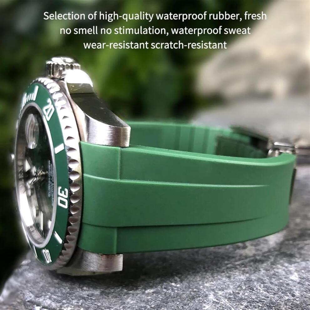 Silicone Watch Strap with Curved End, 20mm, 21mm, Compatible with Rolex Submariner GMT Daytona Deep Sea Dweller Explorer 2, Black 20mm Black Buckle.