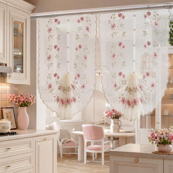 Lace Partition Curtain Lift-Type Design Daisy Embroidery Fluffy Arc Curtain Adjustable Height Partition