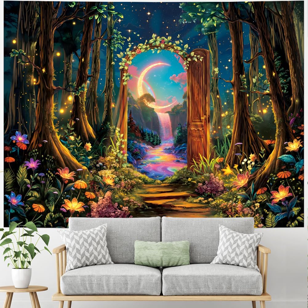 Heynvioo Blacklight Forest Tree Tapestry UV Reactive Moon Tapestry Trippy Galaxy Space Tapestries Fantasy Landscape Tapestries Aesthetic Plant Wall