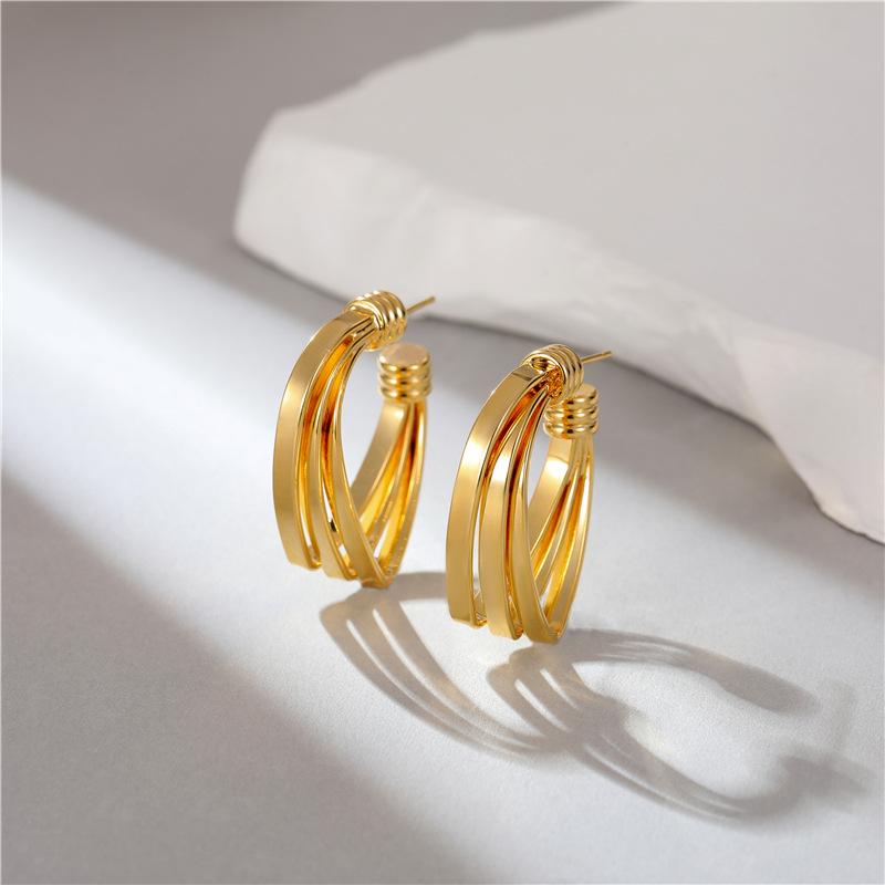 Three-layers Hollow C-shaped Women's Drop Earrings Gold Color Curved Metal Dangle Earrings Silver Color Geometry Ear Jewelry