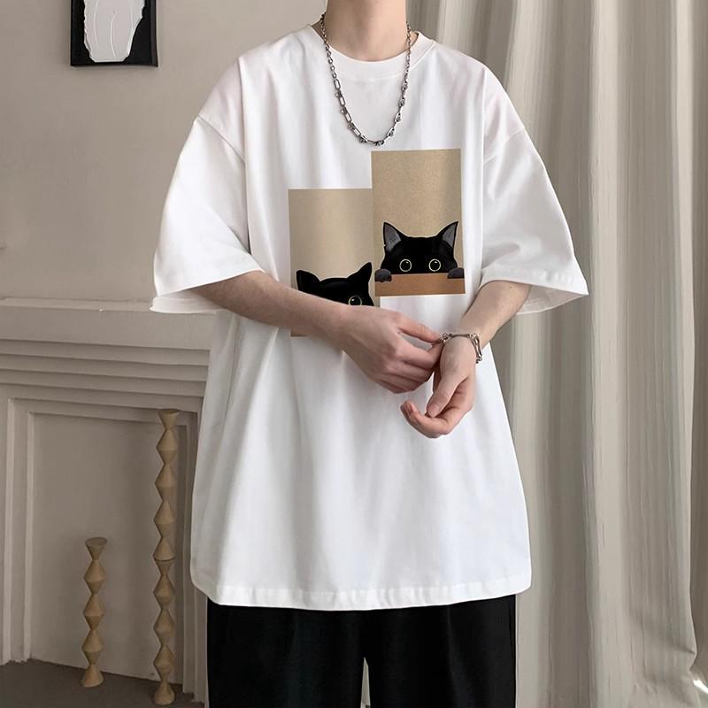 Men's Short-Sleeve Cotton Loose Print Round Neck Tee