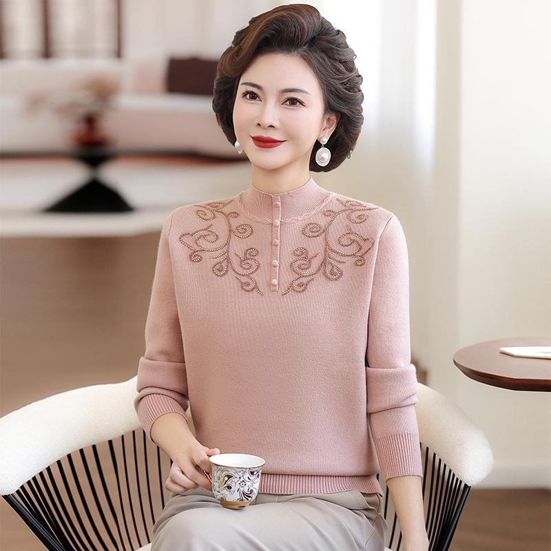 Mom's 2025 Autumn Chinese Style Sweater for Middle-Aged Women, Warm Velvet Knit, Age-Reducing for Winter/Autumn