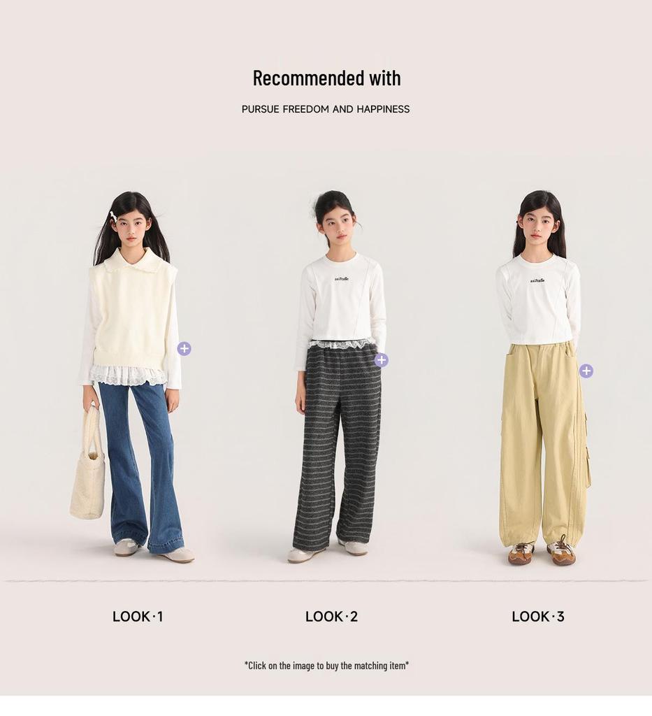 Tao Town Mädchen Langarmshirt mit Spitzennähten - Koreanischer Stil Frühling/Herbst Trend