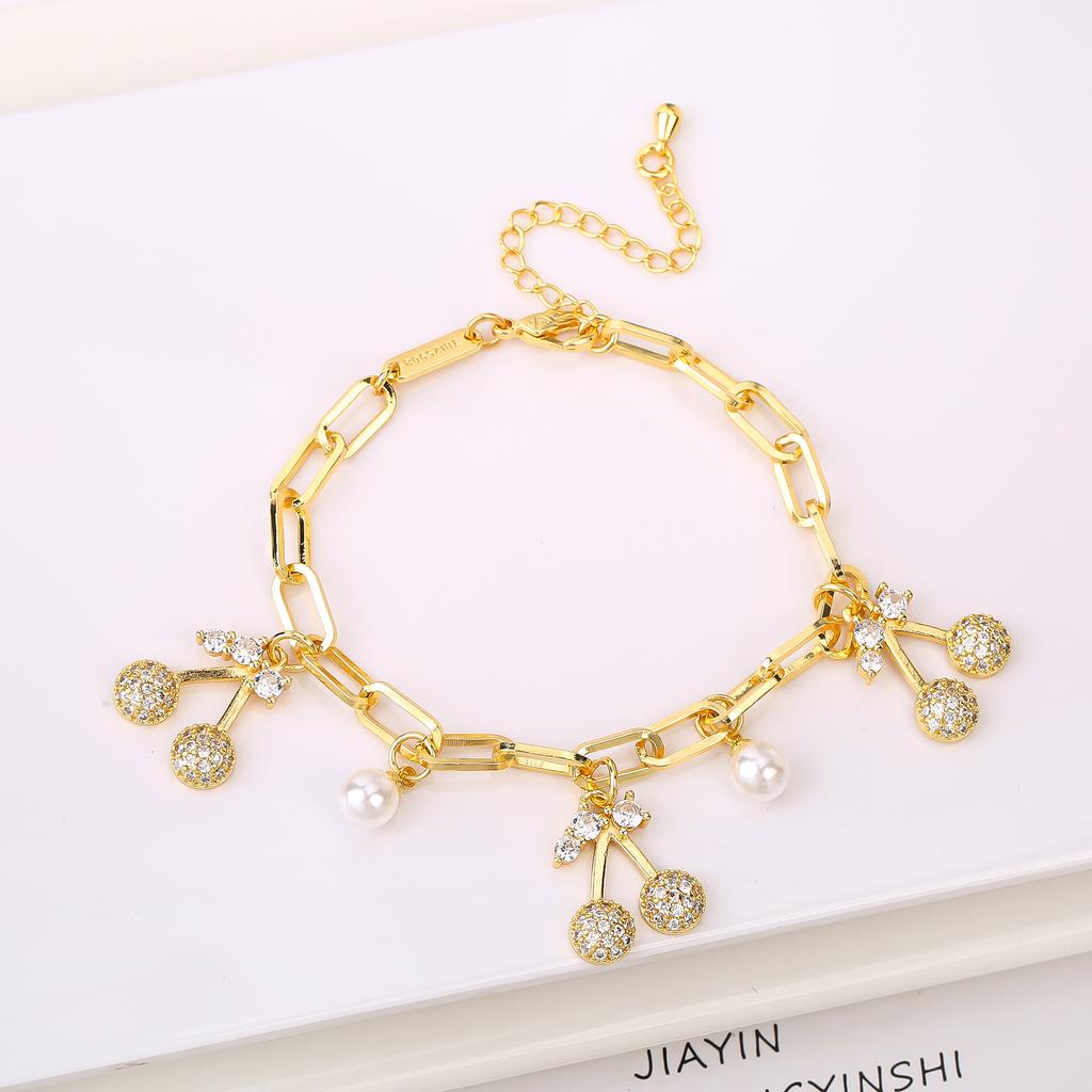 17 Colors Gold Plated Fruit Cherry Crystal Zirconia Adjustable Pearl Bracelet Luxury for Women Girls Casual Daily Party Jewelry