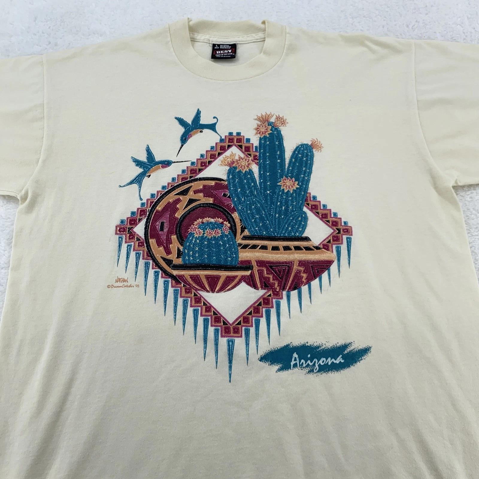Винтажная рубашка Аризона мужская M/L Юго-запад кактус колибри графика 90-е США 3XL