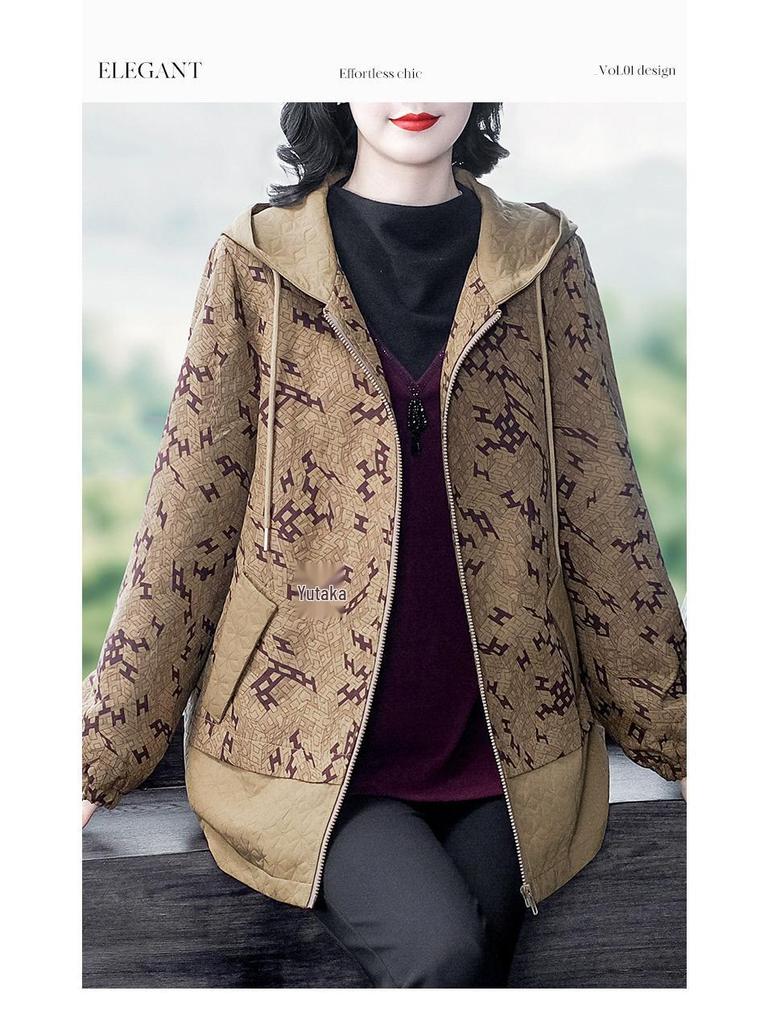 Plus Size Loose Print Hooded Sweatshirt for Mature Middle-Aged Women 2025 Spring/Summer Collection