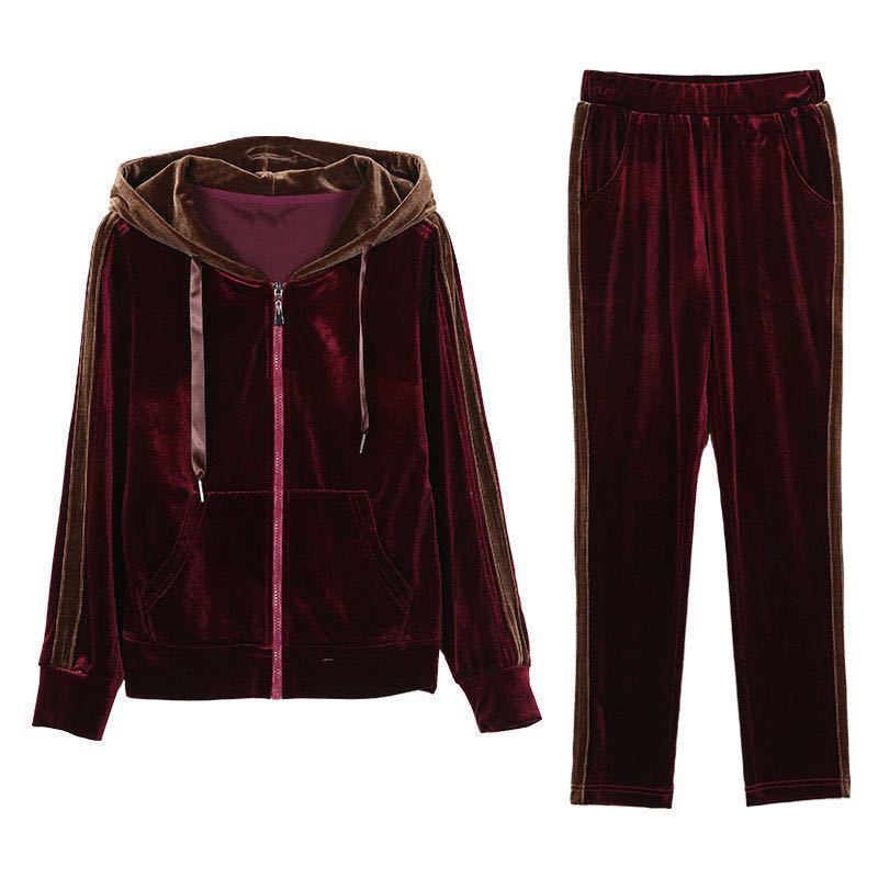 Gold Velvet Casual Sportswear Suit for Women Spring and Autumn Large Size Loose Hooded Fashion Two-piece Set