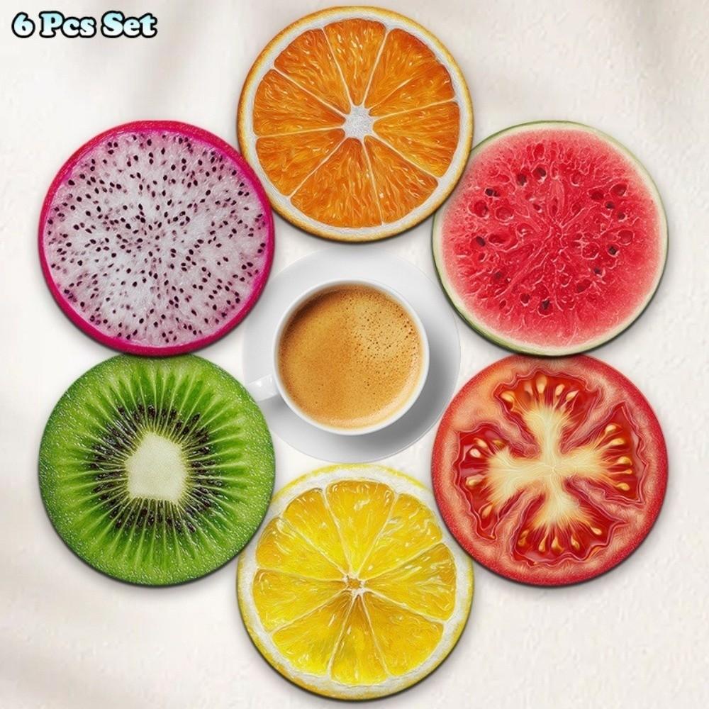 6 Pieces Wooden Heat Insulation Pad Fruit Pattern Non-Slip Tableware Mat Round Cup Mat Table Decor