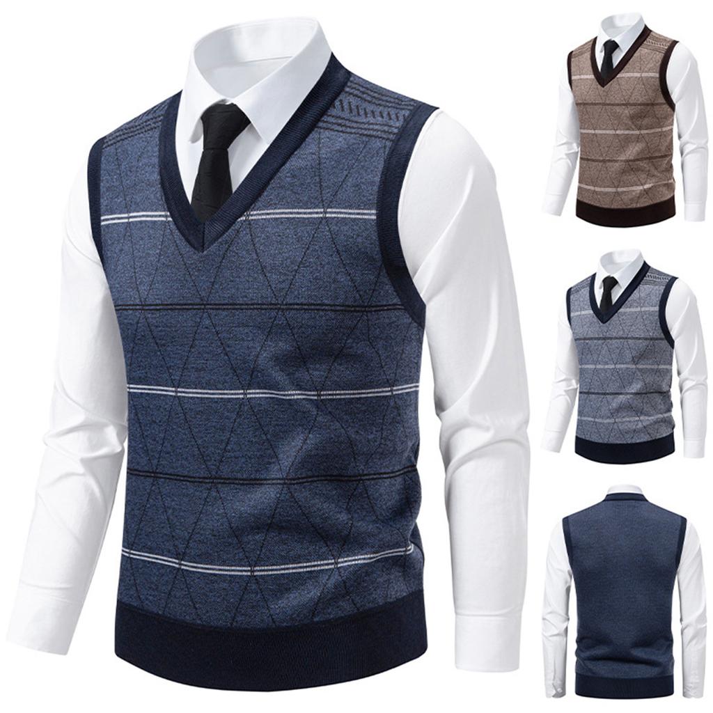 Men's Winter Fleece-Lined Plaid Vest, Pullover, Loose-Fitting Men's Sleeveless Sweater Vest