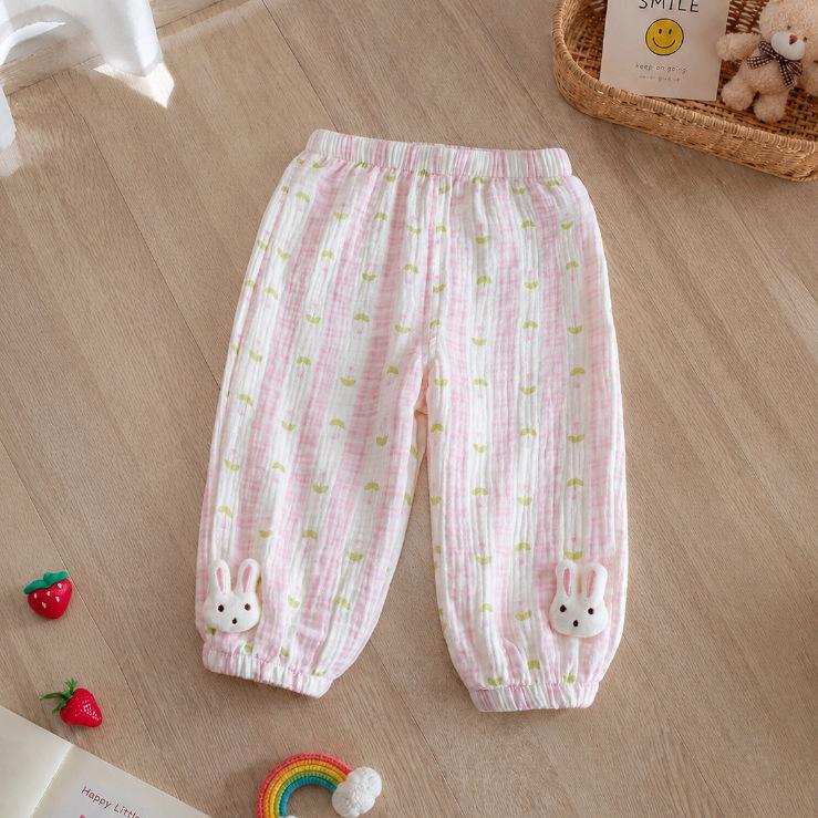 Girls Floral Cotton Muslin Anti Mosquito Pants Summer Breathable Ankle Breeze Trousers Baby Soft Casual Leggings