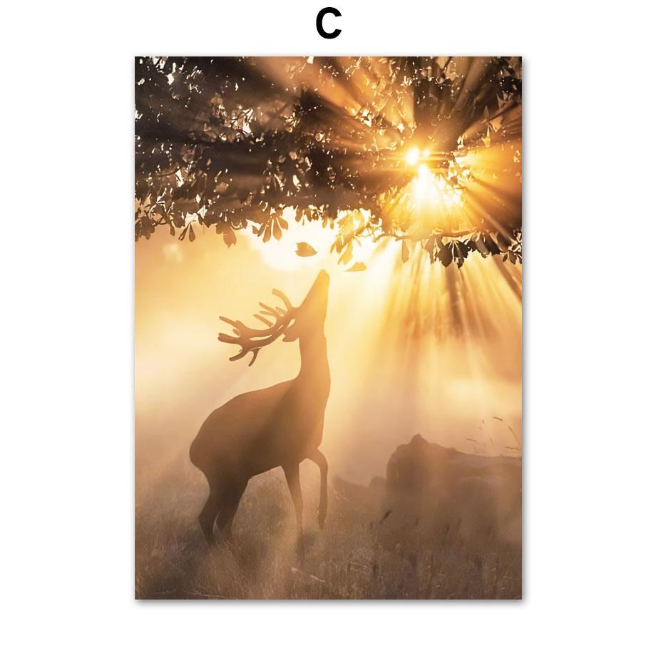 Autumn Deer Castle Fallen Leave Poster Pier Plant Forest Print Wall Art Pictures Canvas Painting For Living Room Home Decor