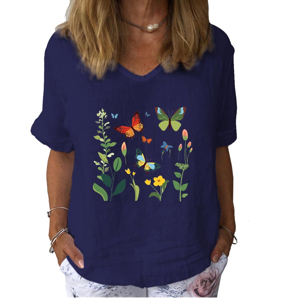 Women Fashion Cat Print Linen Shirt Summer Casual Round Neck Short Sleeve Top Print Pullover Loose Blouse