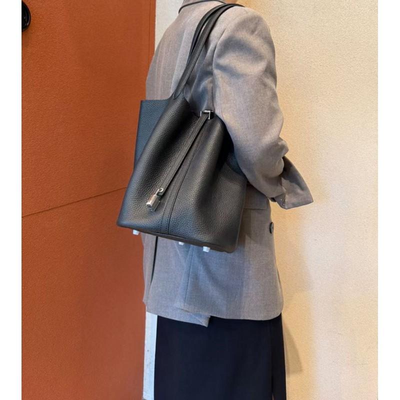 First-layer TC Cowhide Hand-carried Vegetable Basket Bag Leather Underarm One-shoulder Handbag Fashionable Casual Large-capacity Bucket