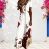 Women Plus Size V Neck Short Sleeve Floral Butterfly Print White Straight Long Dress