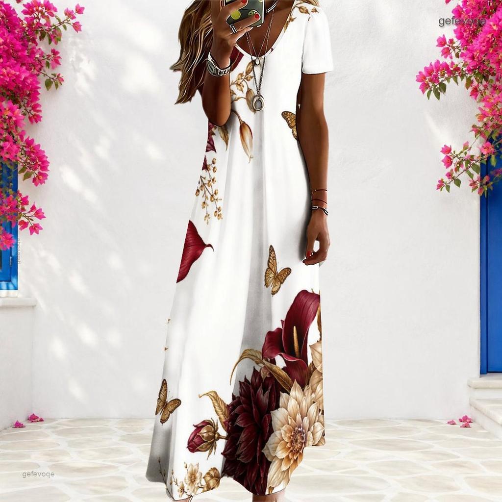 Women Plus Size V Neck Short Sleeve Floral Butterfly Print White Straight Long Dress