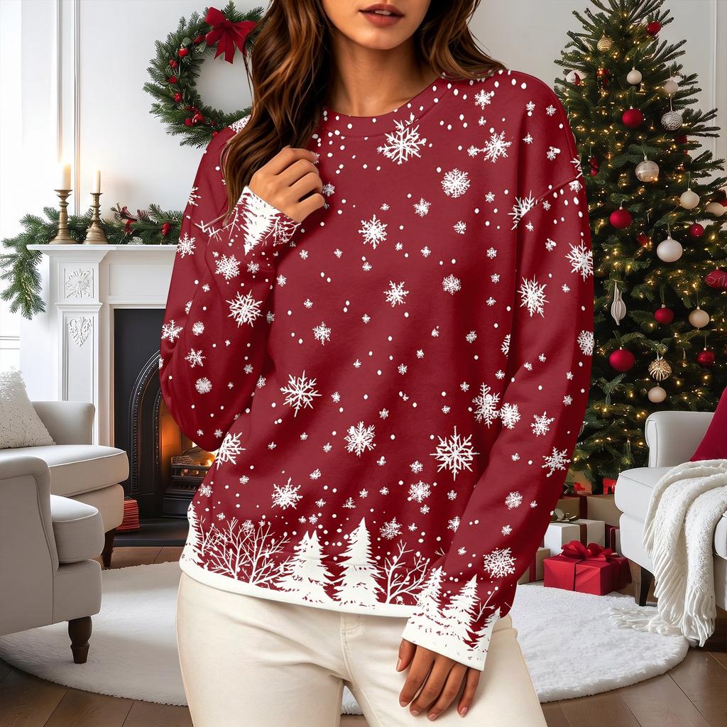 Women's Casual Long Sleeve Christmas Print Crewneck Sweatshirt Top for Fall and Winter