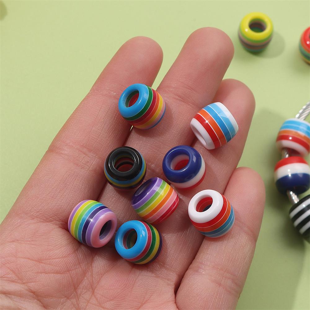 30/50/100pcs Rainbow striped European style large hole bead bucket drum resin sliding loose circular spacer beads, DIY snake chain bracelet